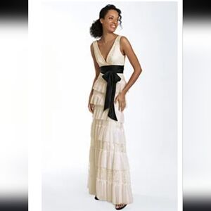 BCBG MaxAzaria Tiered Lace Gown, Off White With Black Sash, Size 6, EUC